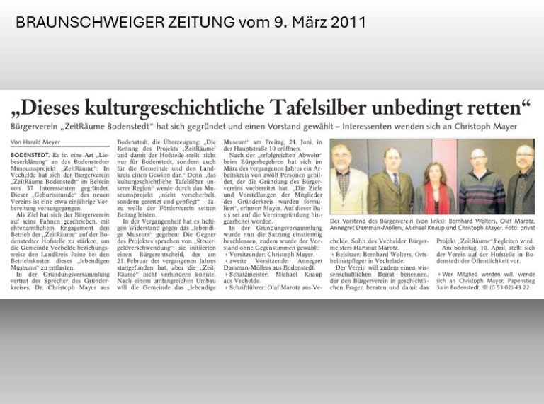 Braunschweiger Zeitung 2011 zur Vereinsgründung der ZeitRäume Bodenstedt